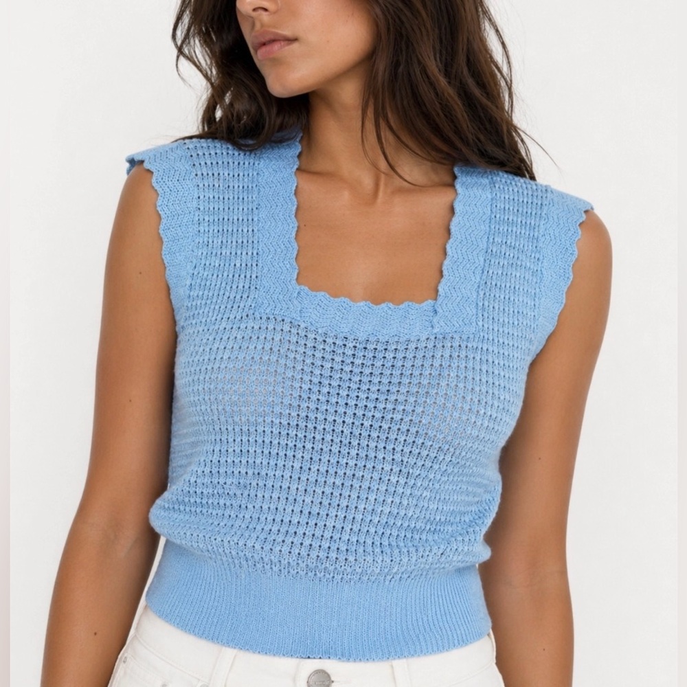 Vintage Made in Scotland Baby Blue Square-Neck Wool Knit Sweater Vest, S/M